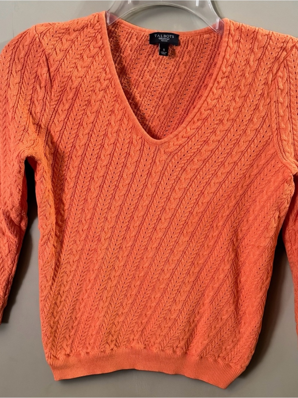 Talbots Petites Small Orange Cable Knit V-Neck Sweater 100% Cotton EUC